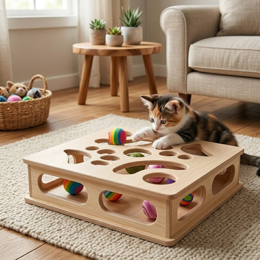 Divanoxcosh Natural Instincts Cat Puzzle - Interactive Paw Hunter Box with Multi-Surface Access, Stimulates Predatory Drive & Mental Agility, Eco-Friendly Solid Wood Activity Station