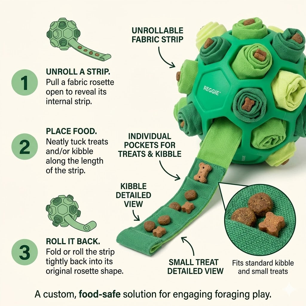 Divanoxcosh Interactive Dog Puzzle Snuffle Ball - Mentally Stimulating Treat Dispenser with Unrollable Fabric Strips for Foraging & Slow Feeding, Durable TPR Toy for All Breeds