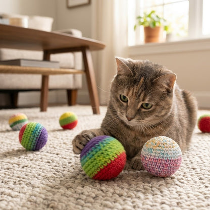 Divanoxcosh Premium Hand-Knitted Cat Toy Balls - 6 Pack Colorful Soft Cotton Crochet Interactive Chase Toys for Indoor Cats