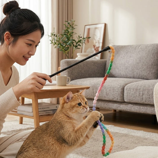 Divanoxcosh Premium Plush Bead Cat Teaser Wand - Aesthetic Interactive Play Toy for Indoor Cats & Kittens - Macaron Color Palette, Durable & Engaging